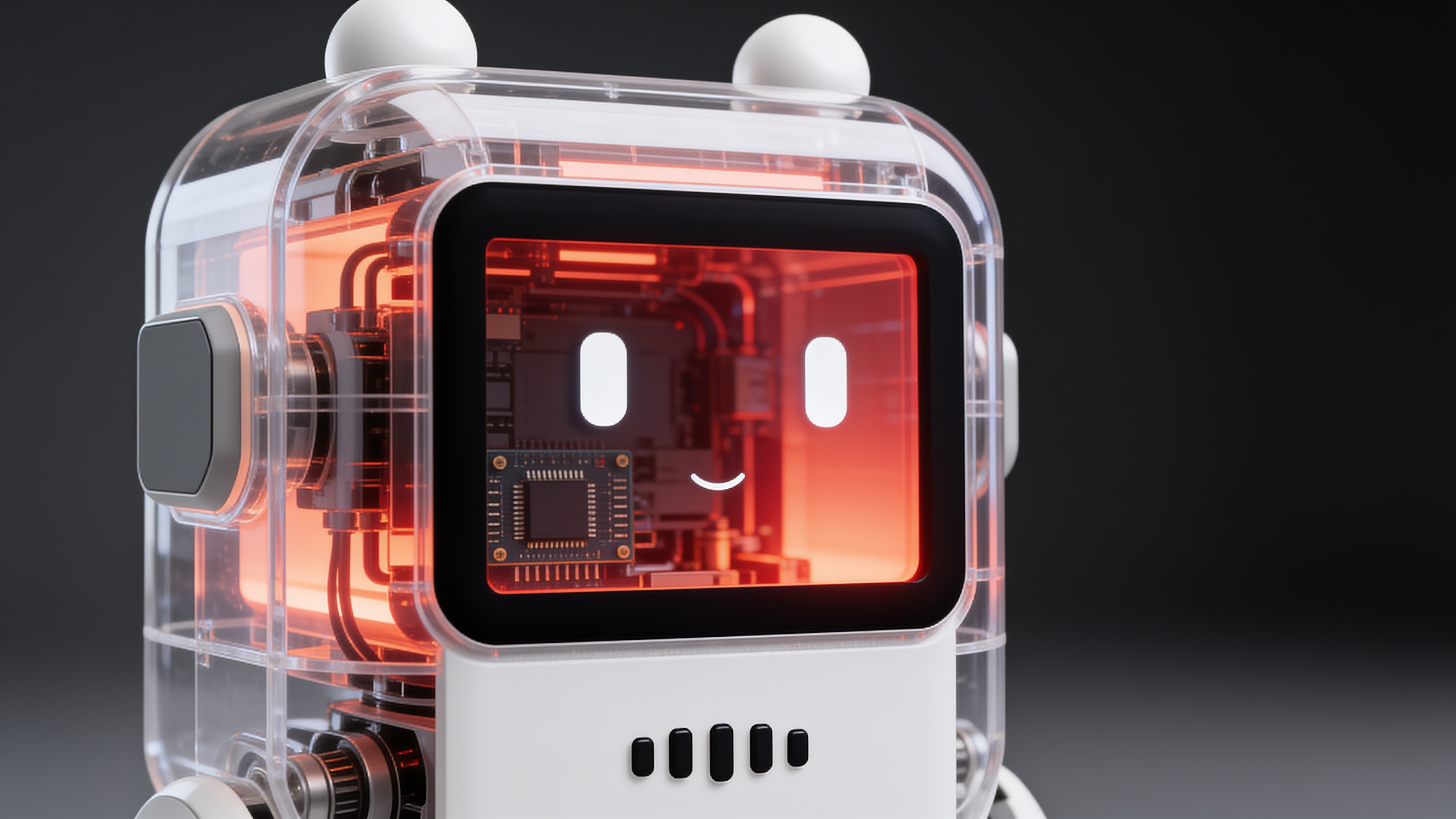 Front view of Sonora's smiling face screen glowing red over its circuit interior