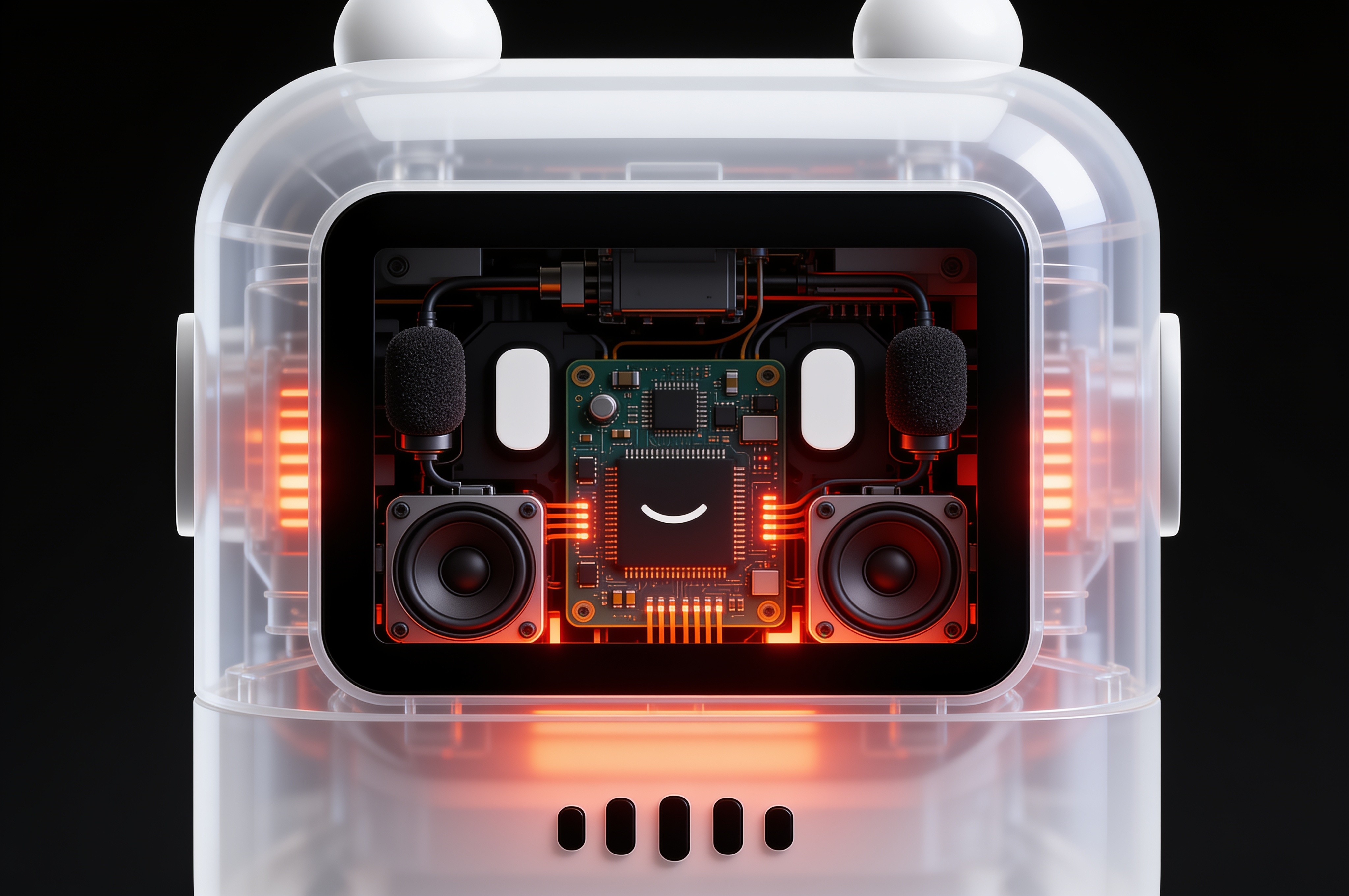 Interior view of Sonora showing its microphones, speakers and a smiling processor chip