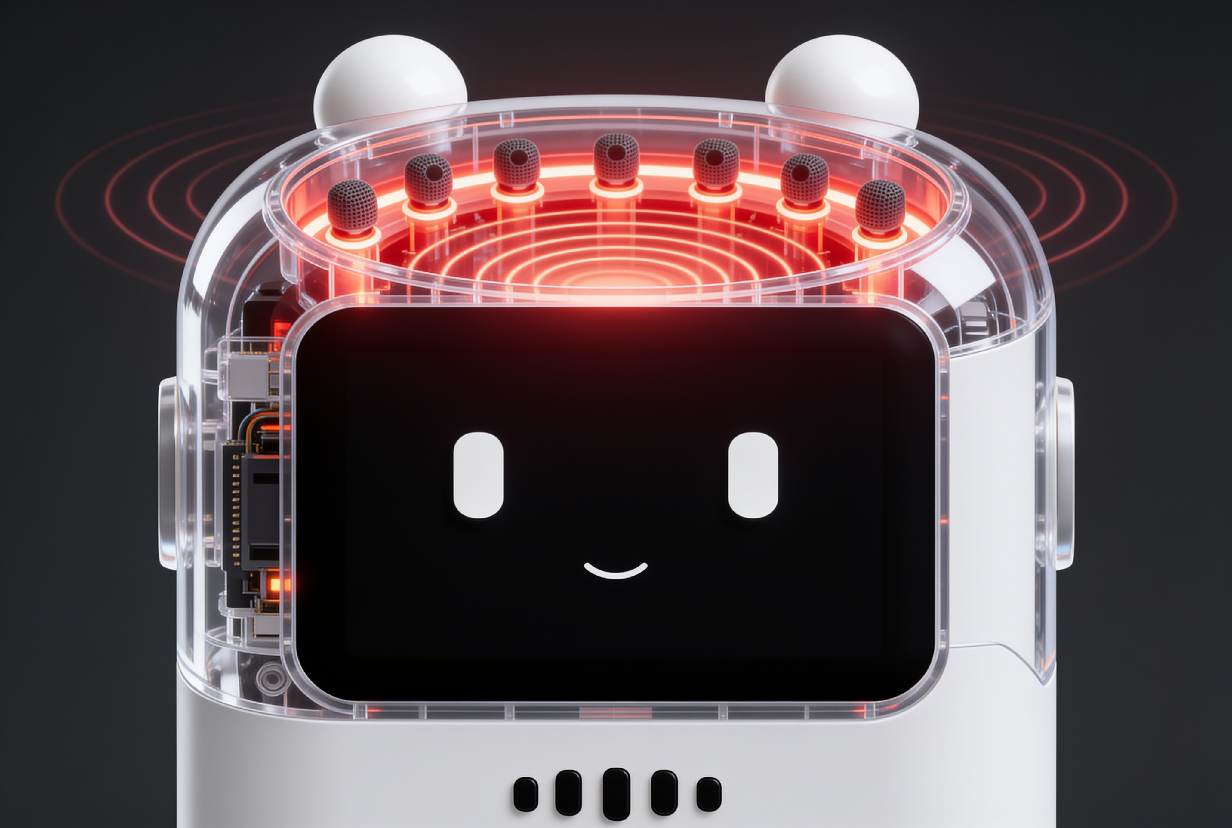 Close-up of Sonora's seven-microphone array glowing red beneath its clear dome