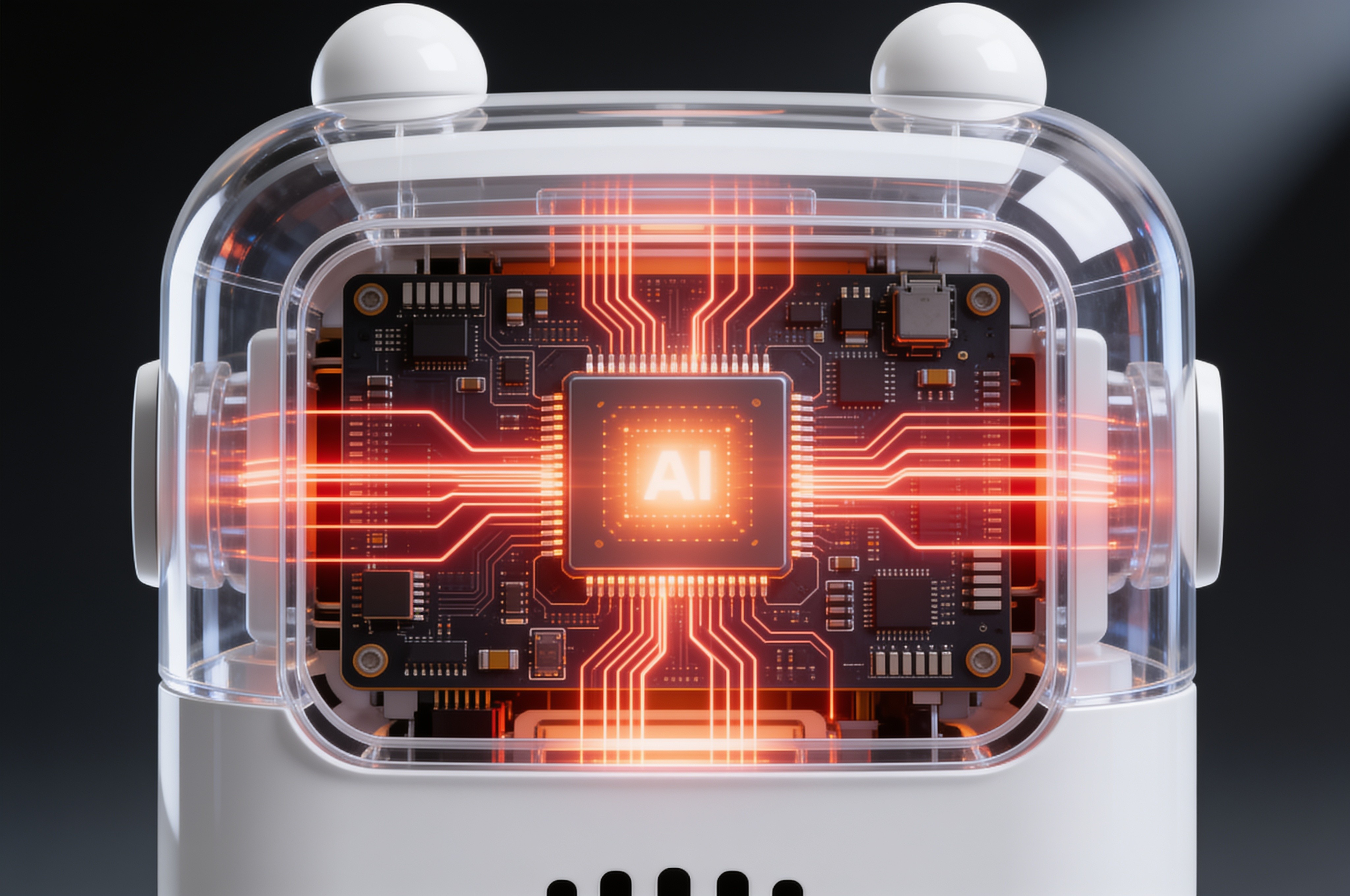 Cutaway view of the Sonora home AI device showing its glowing AI processor board inside a transparent shell