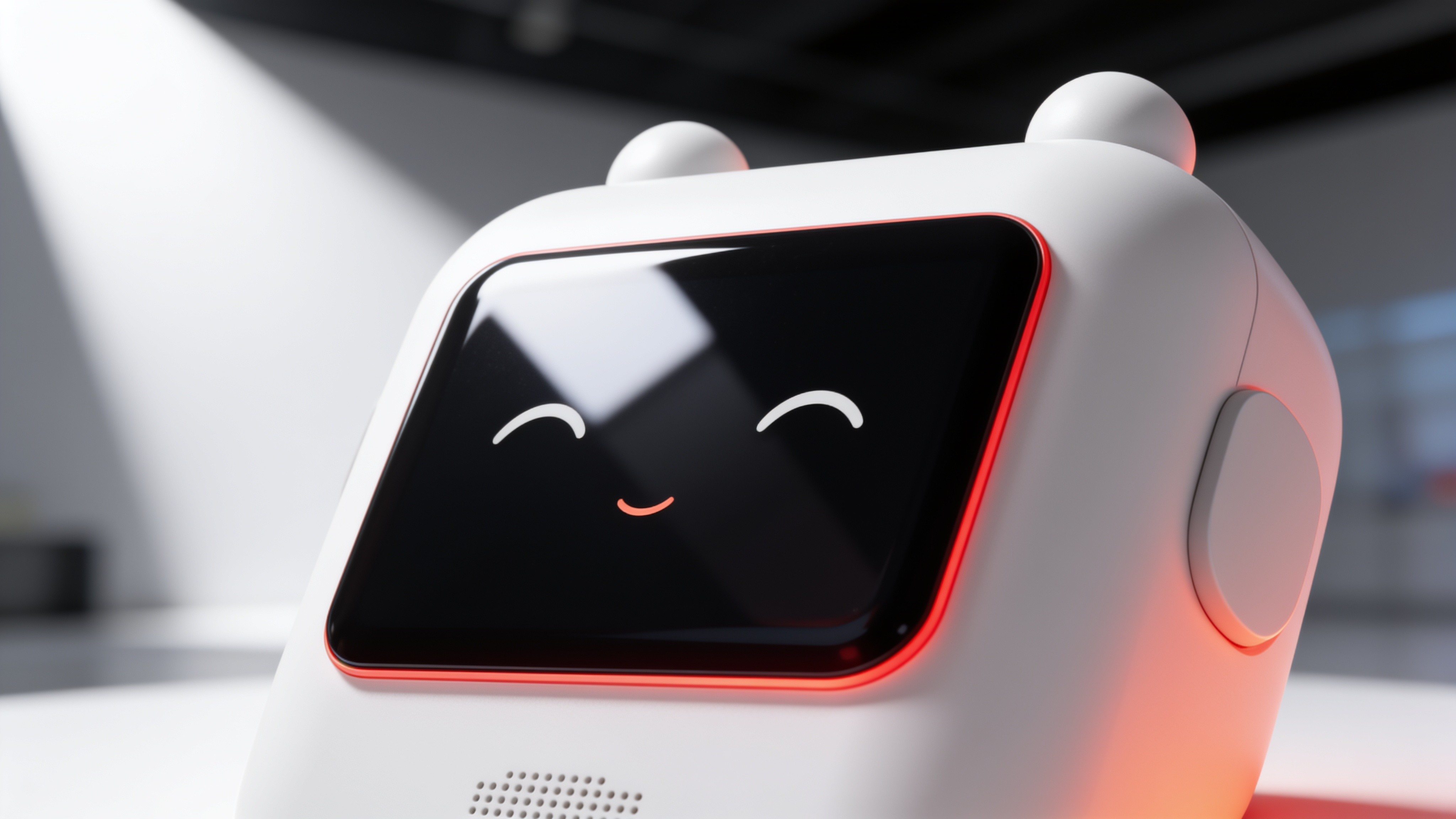 Sonora white voice device floating with a sleepy smiling face in warm morning light