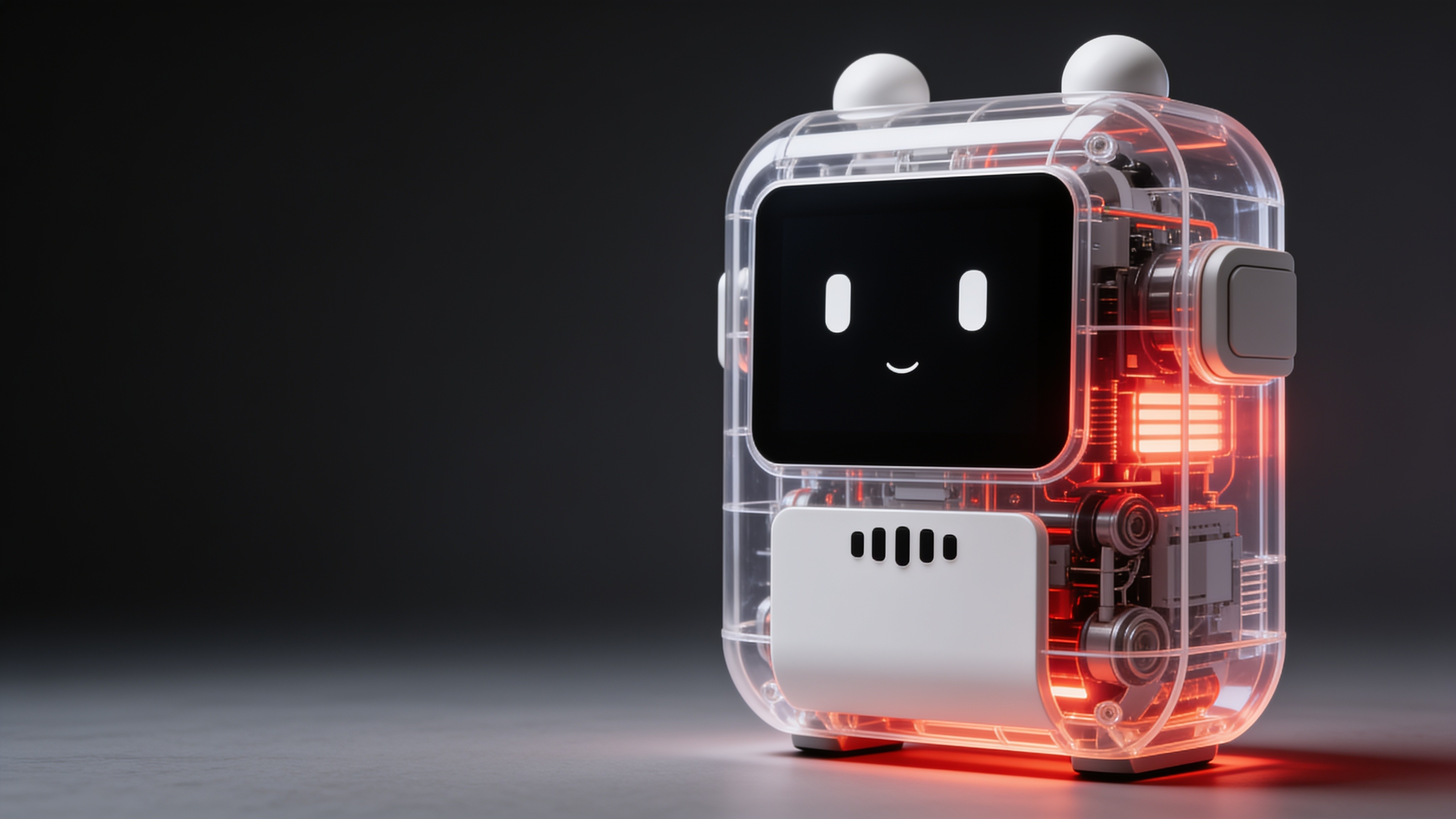 Angled view of Sonora with illuminated internal components behind its clear body