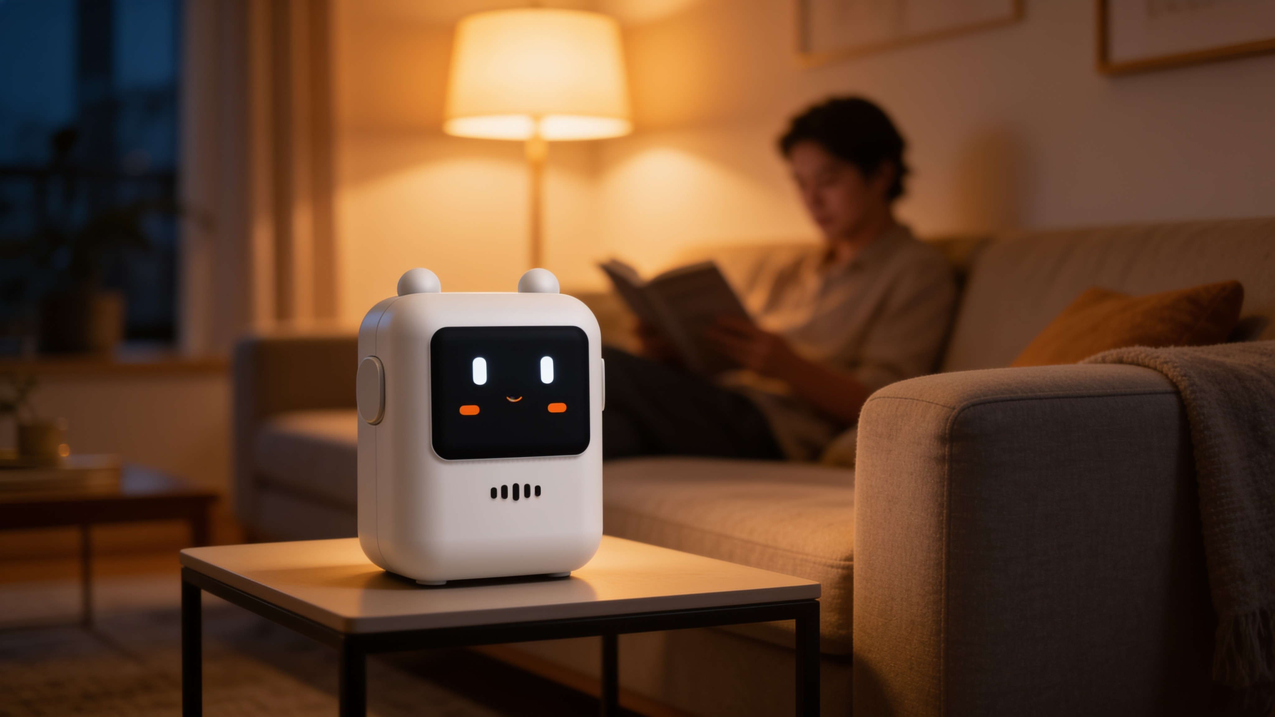 Sonora, a small white voice AI home device with a glowing smiling face and warm coral light, tilted on a bright surface