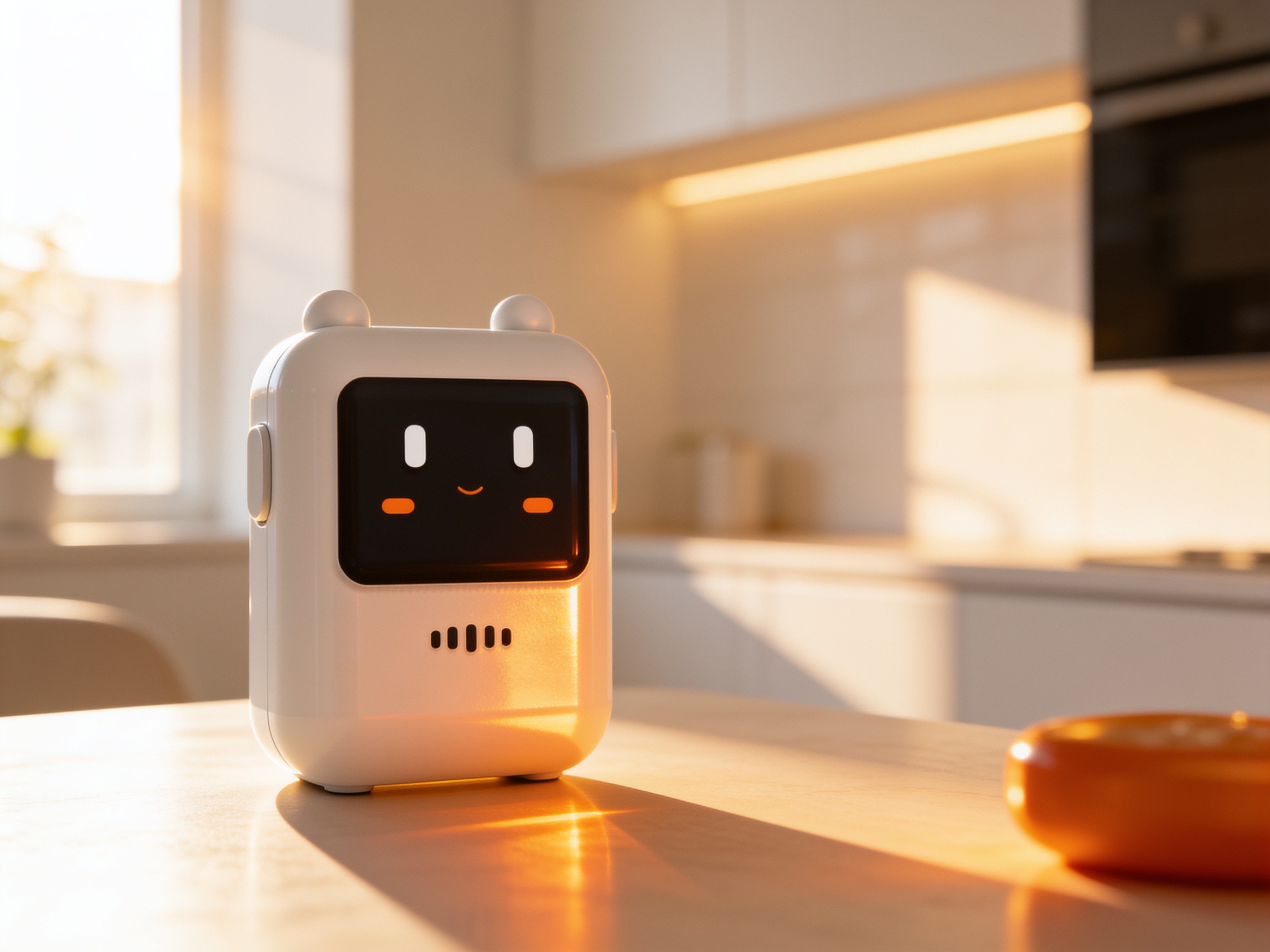 Sonora white voice device with a friendly glowing face on a hallway console, a man hanging his coat by the door in a warm modern home