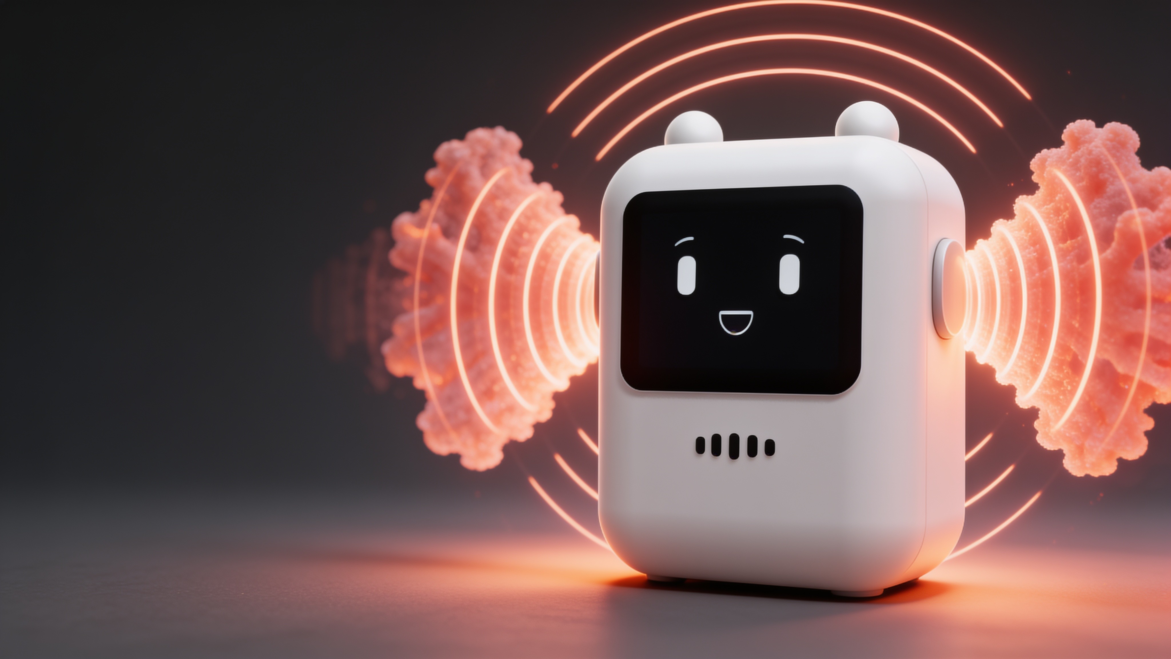 The white Sonora device smiling with orange sound waves radiating from both sides