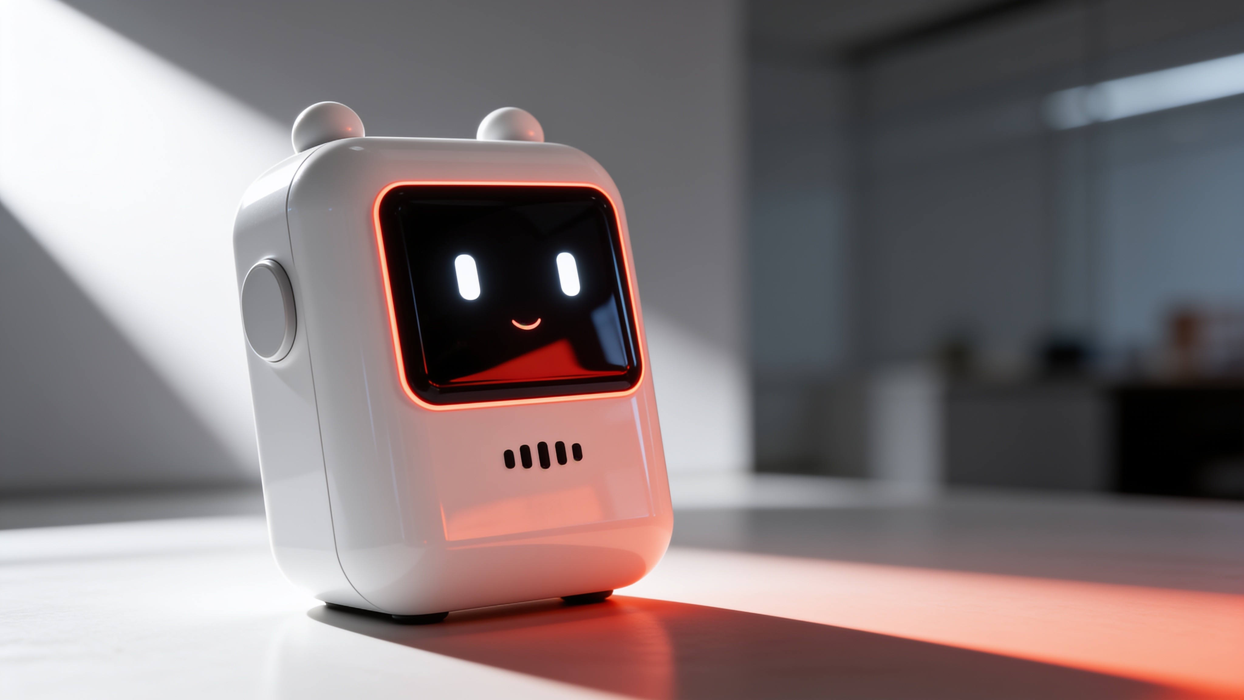 Sonora, a small white voice AI home device with a glowing smiling face, sitting on a kitchen counter in warm morning light