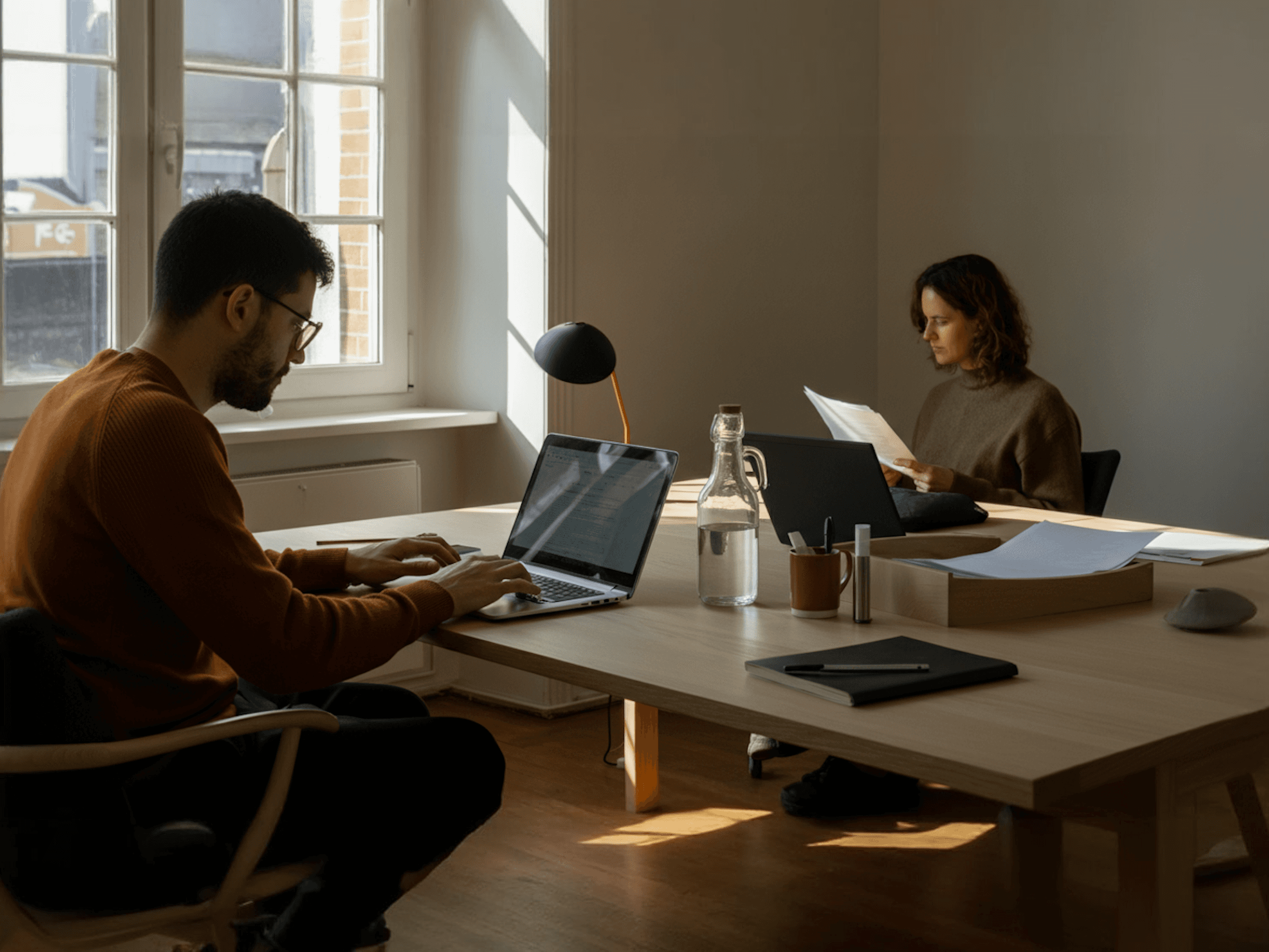 Two Sonora team members working in a sunlit studio